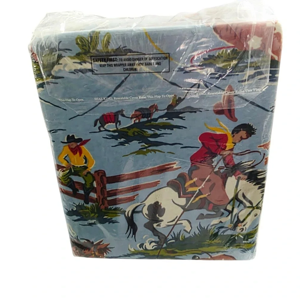 Vintage Nick & Nora Rio Grande Western Cowboy Queen Sheet Set Blue Jersey NEW